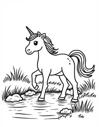 Unicorn plays near a bubbling brook