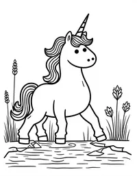 Unicorn plays near a bubbling brook