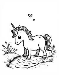 Unicorn plays near a bubbling brook