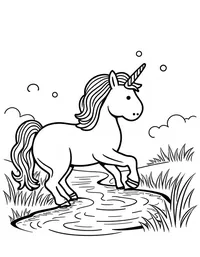 Unicorn plays near a bubbling brook