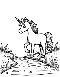 Unicorn plays near a bubbling brook