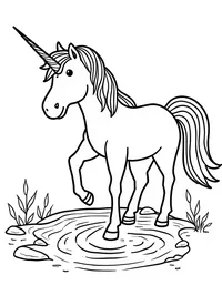 Unicorn plays near a bubbling brook