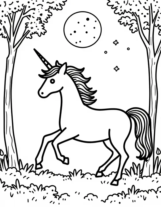 Unicorn prances through a moonlit forest
