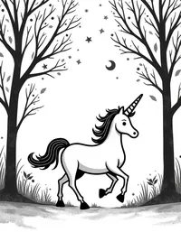 Unicorn prances through a moonlit forest