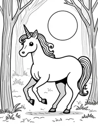 Unicorn prances through a moonlit forest