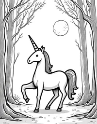 Unicorn prances through a moonlit forest