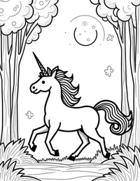 Unicorn prances through a moonlit forest
