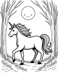 Unicorn prances through a moonlit forest