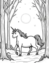 Unicorn prances through a moonlit forest