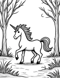 Unicorn prances through a moonlit forest