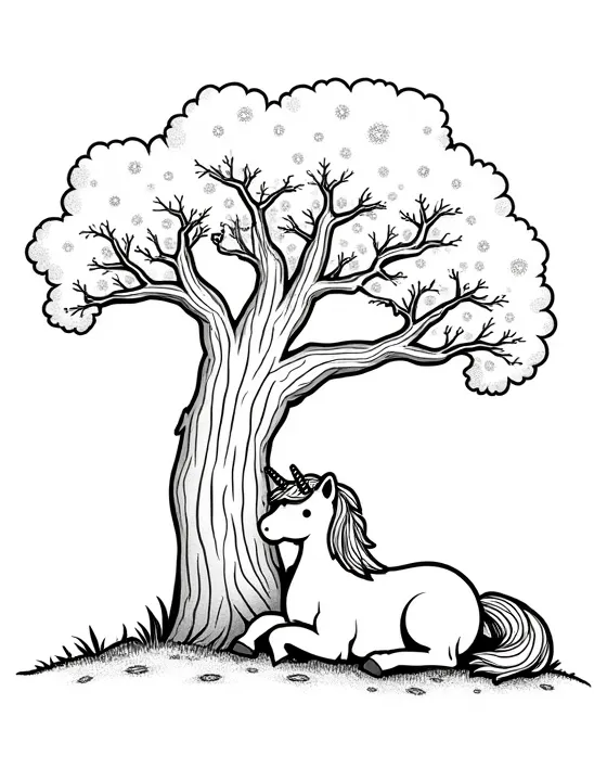 Unicorn rests beneath an ancient tree