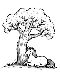 Unicorn rests beneath an ancient tree coloring pages