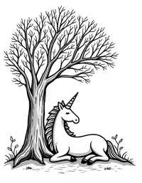 Unicorn rests beneath an ancient tree