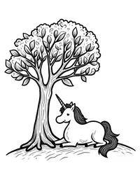 Unicorn rests beneath an ancient tree