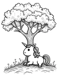 Unicorn rests beneath an ancient tree