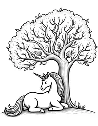 Unicorn rests beneath an ancient tree