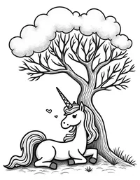 Unicorn rests beneath an ancient tree