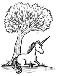 Unicorn rests beneath an ancient tree