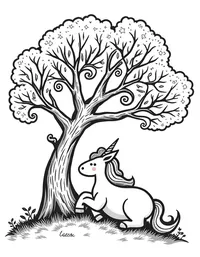 Unicorn rests beneath an ancient tree