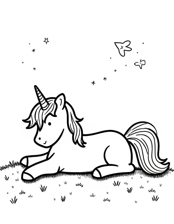 Unicorn sleeps under a starry sky