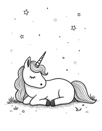 Unicorn sleeps under a starry sky