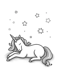 Unicorn sleeps under a starry sky