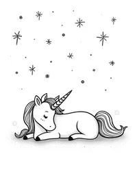 Unicorn sleeps under a starry sky