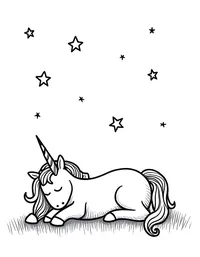 Unicorn sleeps under a starry sky