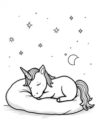 Unicorn sleeps under a starry sky