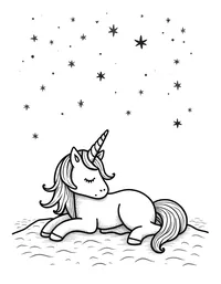 Unicorn sleeps under a starry sky