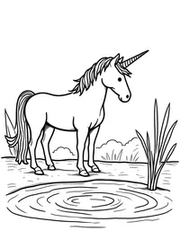 Unicorn stands guard by a serene lake