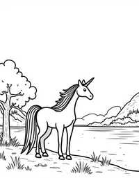 Unicorn stands guard by a serene lake
