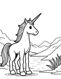 Unicorn stands guard by a serene lake