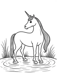 Unicorn stands guard by a serene lake