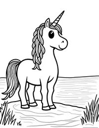 Unicorn stands guard by a serene lake