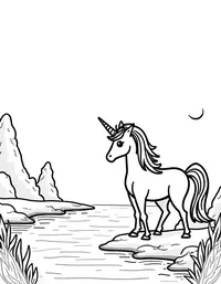 Unicorn stands guard by a serene lake