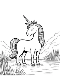 Unicorn stands guard by a serene lake