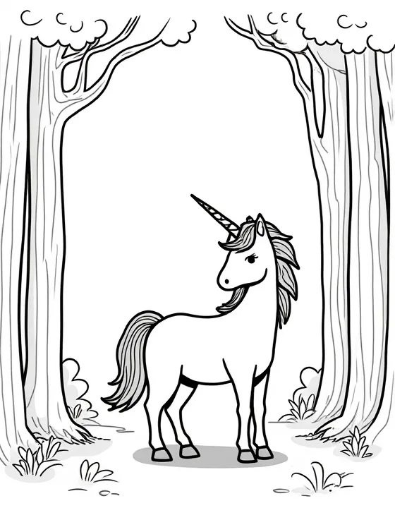 Unicorn stands in a clearing of the woods