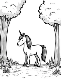 Unicorn stands in a clearing of the woods