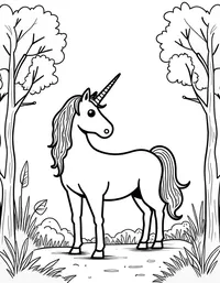 Unicorn stands in a clearing of the woods