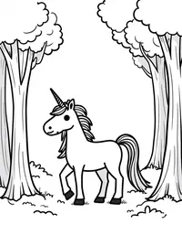 Unicorn stands in a clearing of the woods