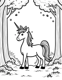 Unicorn stands in a clearing of the woods