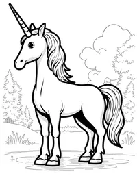 Unicorn stands in a clearing of the woods