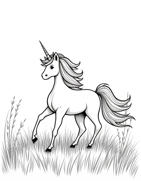 Unicorn wanders through golden fields