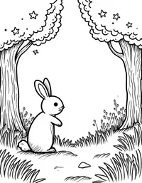 a rabbit exploring an enchanted forest coloring pages