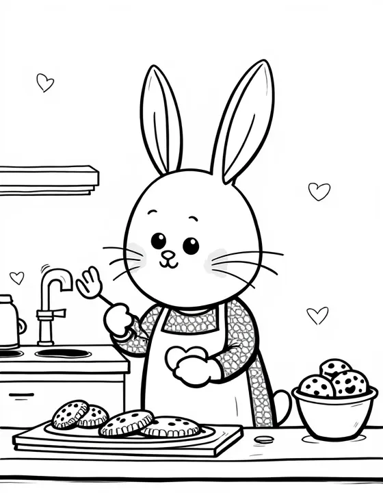 bunny baking cookies in a cozy cottage kitchen
