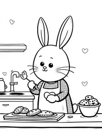 bunny baking cookies in a cozy cottage kitchen coloring pages