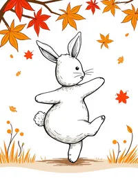 bunny dancing under colorful autumn leaves