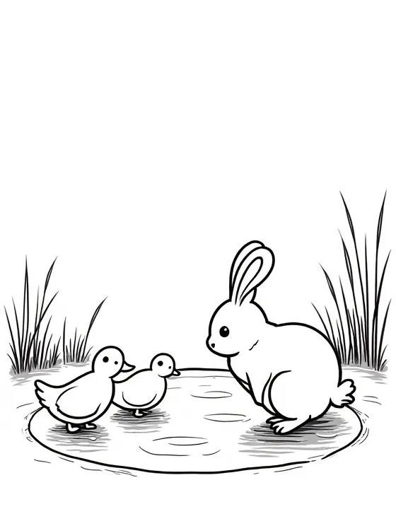 bunny feeding ducks by a tranquil pond