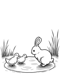 bunny feeding ducks by a tranquil pond coloring pages